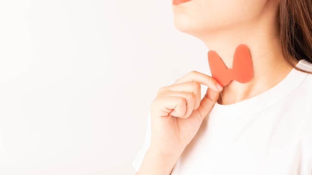 A woman holds a paper cutout the size and shape of her thyroid gland against her neck